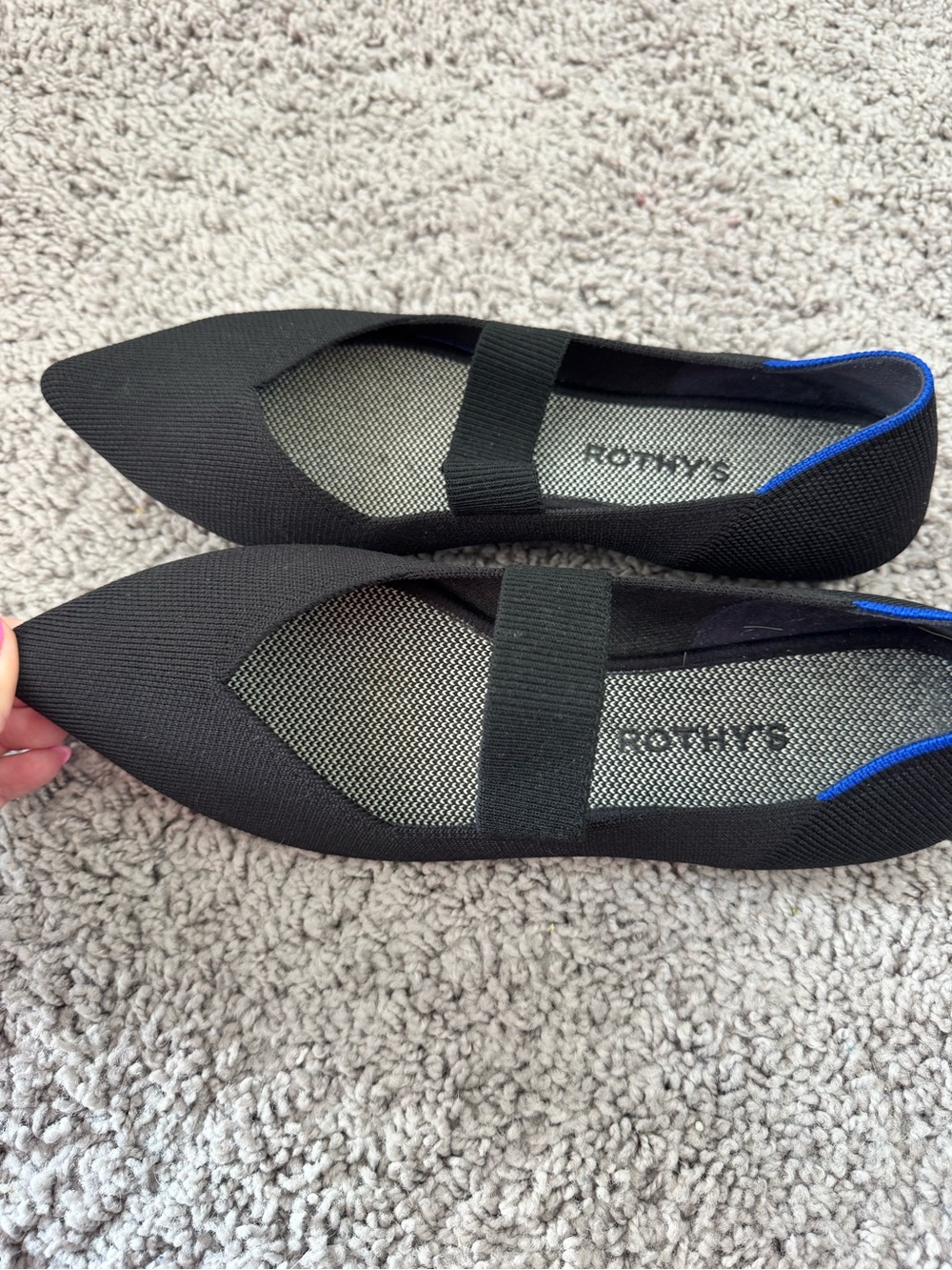 Rothy's Black Pointed Ballet Flats with Blue Trim